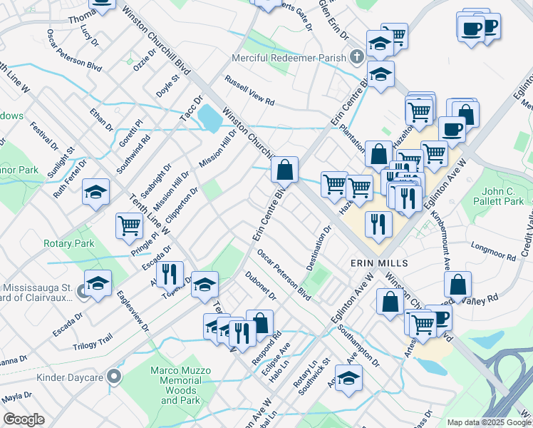 map of restaurants, bars, coffee shops, grocery stores, and more near 5225 Palmetto Place in Mississauga