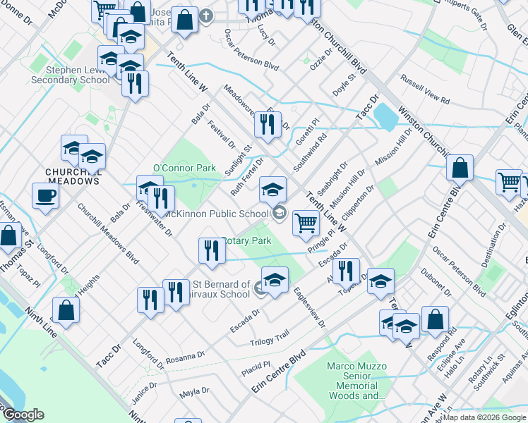 map of restaurants, bars, coffee shops, grocery stores, and more near 3275 Tacc Drive in Mississauga