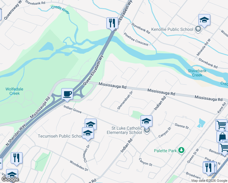 map of restaurants, bars, coffee shops, grocery stores, and more near 1579 Wateska Boulevard in Mississauga