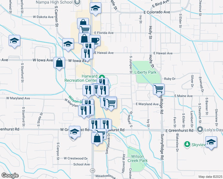 map of restaurants, bars, coffee shops, grocery stores, and more near 309 East Maine Avenue in Nampa