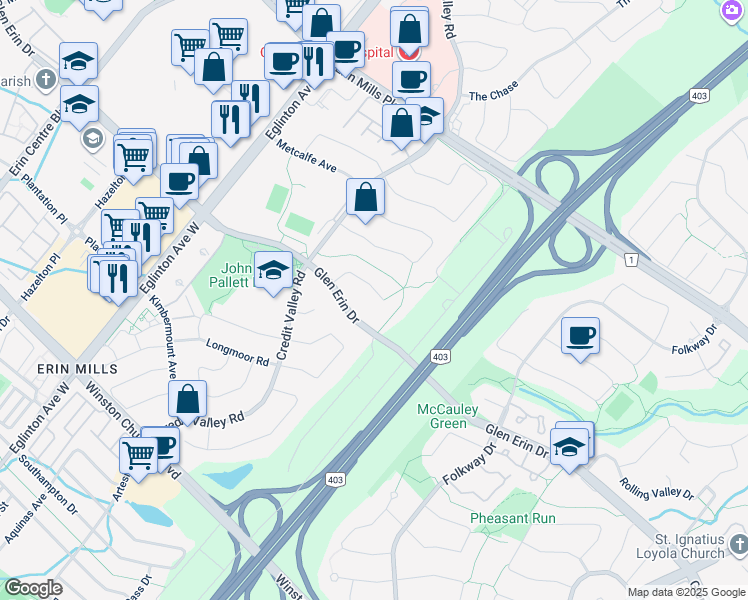 map of restaurants, bars, coffee shops, grocery stores, and more near in Mississauga