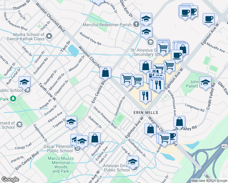 map of restaurants, bars, coffee shops, grocery stores, and more near in Mississauga