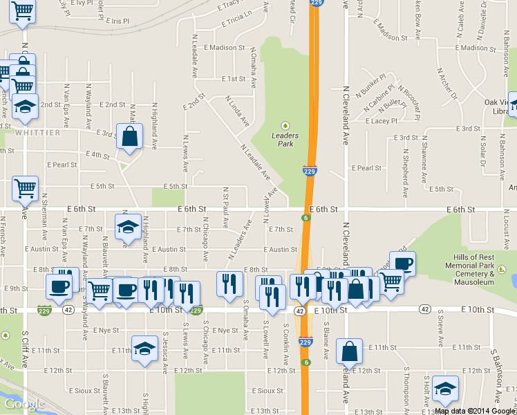 map of restaurants, bars, coffee shops, grocery stores, and more near 415 North Leaders Avenue in Sioux Falls