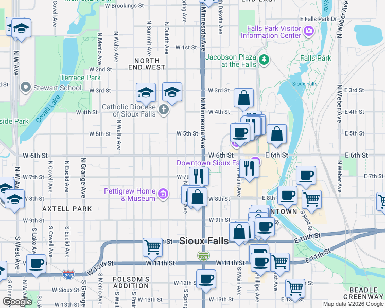 map of restaurants, bars, coffee shops, grocery stores, and more near 331 North Minnesota Avenue in Sioux Falls