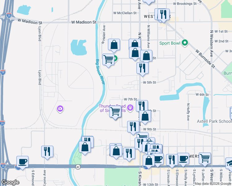 map of restaurants, bars, coffee shops, grocery stores, and more near 2817 West 6th Street in Sioux Falls