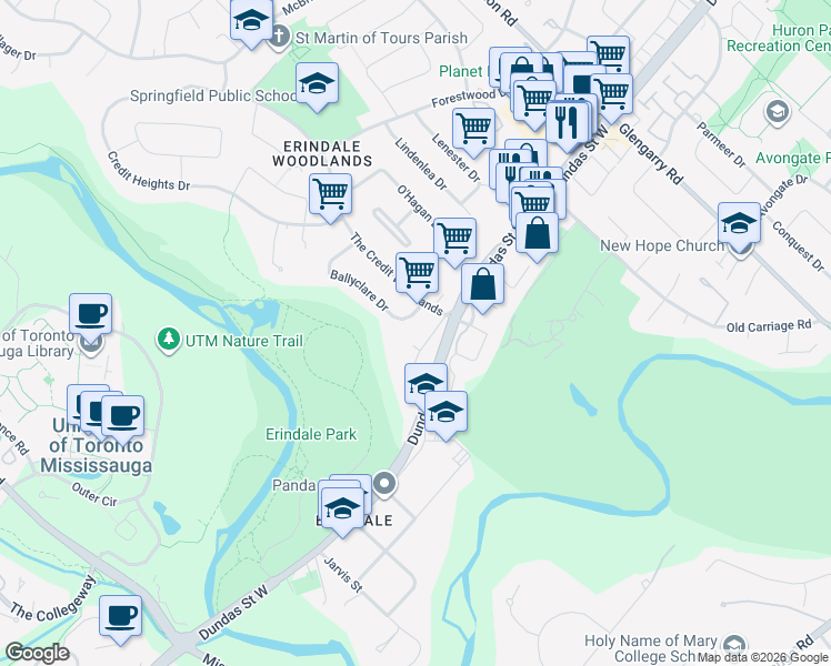 map of restaurants, bars, coffee shops, grocery stores, and more near 1381 Dundas Crescent in Mississauga