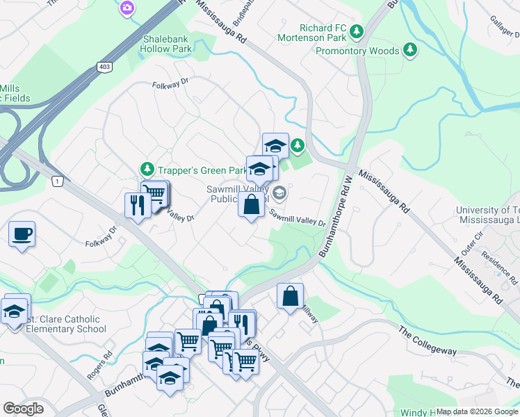 map of restaurants, bars, coffee shops, grocery stores, and more near 3656 Sawmill Valley Drive in Mississauga