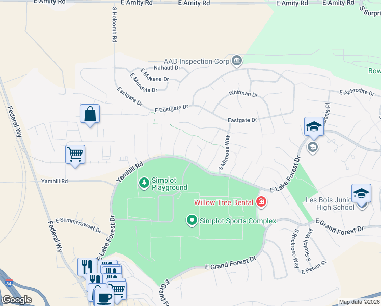 map of restaurants, bars, coffee shops, grocery stores, and more near 5659 South Jonquil Place in Boise