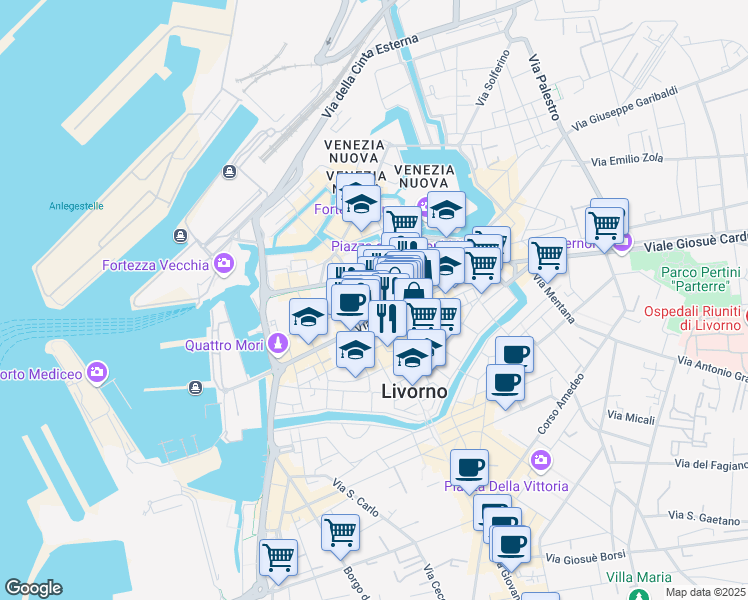 map of restaurants, bars, coffee shops, grocery stores, and more near 20 Via Alessandro Pieroni in Livorno