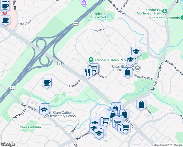 map of restaurants, bars, coffee shops, grocery stores, and more near 4099 Erin Mills Parkway in Mississauga