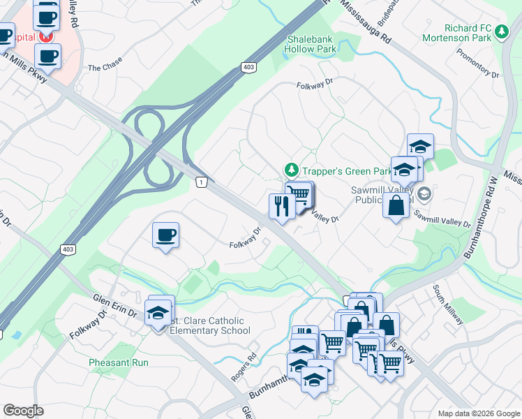 map of restaurants, bars, coffee shops, grocery stores, and more near 4284 Sawmill Valley Drive in Mississauga