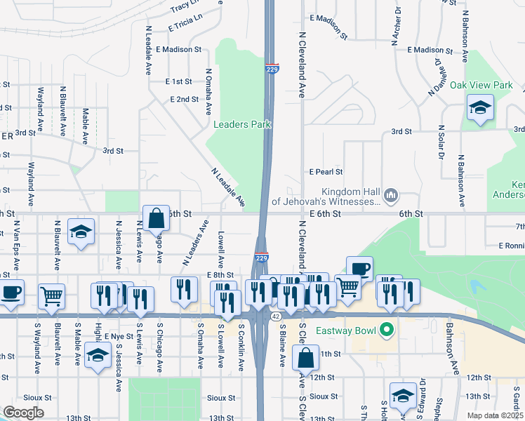 map of restaurants, bars, coffee shops, grocery stores, and more near Interstate 229 in Sioux Falls