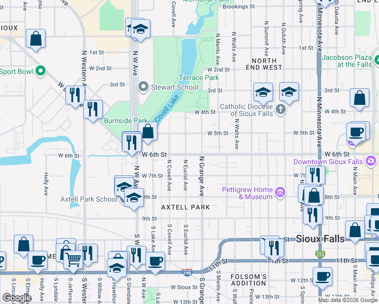 map of restaurants, bars, coffee shops, grocery stores, and more near 332 North Euclid Avenue in Sioux Falls