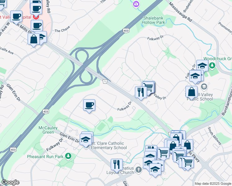 map of restaurants, bars, coffee shops, grocery stores, and more near 4175 Trellis Crescent in Mississauga