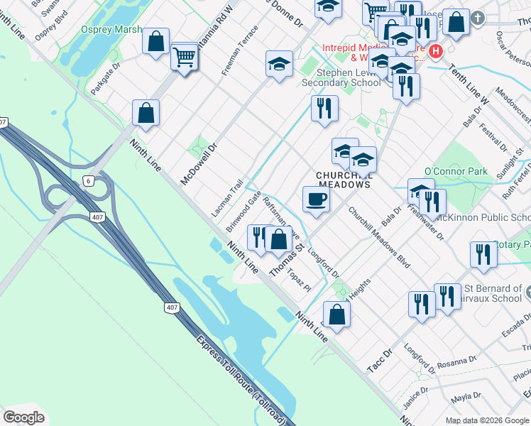 map of restaurants, bars, coffee shops, grocery stores, and more near 3896 Bloomington Crescent in Mississauga