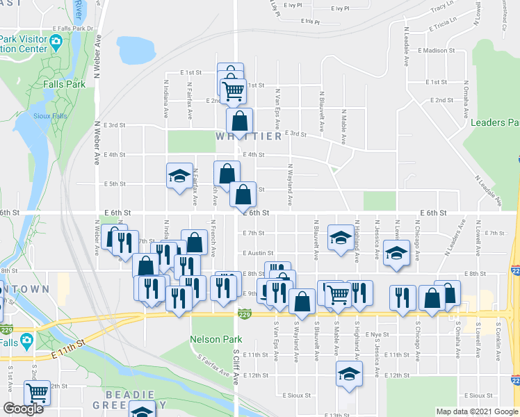 map of restaurants, bars, coffee shops, grocery stores, and more near 1311 East 6th Street in Sioux Falls