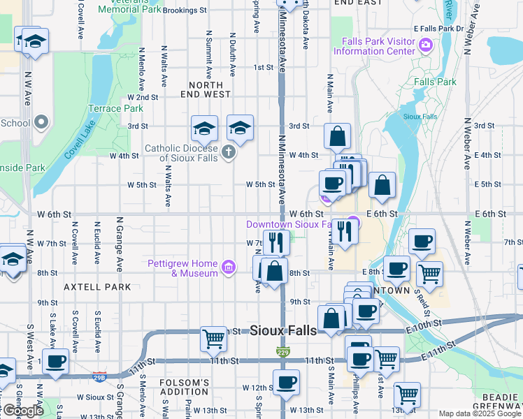 map of restaurants, bars, coffee shops, grocery stores, and more near 331 North Minnesota Avenue in Sioux Falls