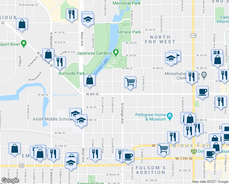 map of restaurants, bars, coffee shops, grocery stores, and more near 332 North Euclid Avenue in Sioux Falls