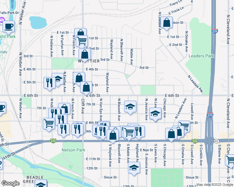 map of restaurants, bars, coffee shops, grocery stores, and more near 1422 East 6th Street in Sioux Falls