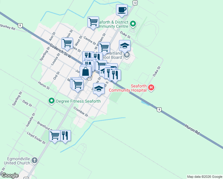 map of restaurants, bars, coffee shops, grocery stores, and more near 19 Coleman Street in Huron County