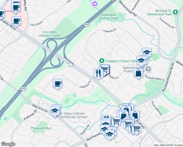 map of restaurants, bars, coffee shops, grocery stores, and more near 4278 Sawmill Valley Drive in Mississauga