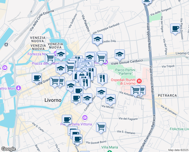 map of restaurants, bars, coffee shops, grocery stores, and more near 79 Via Mentana in Livorno