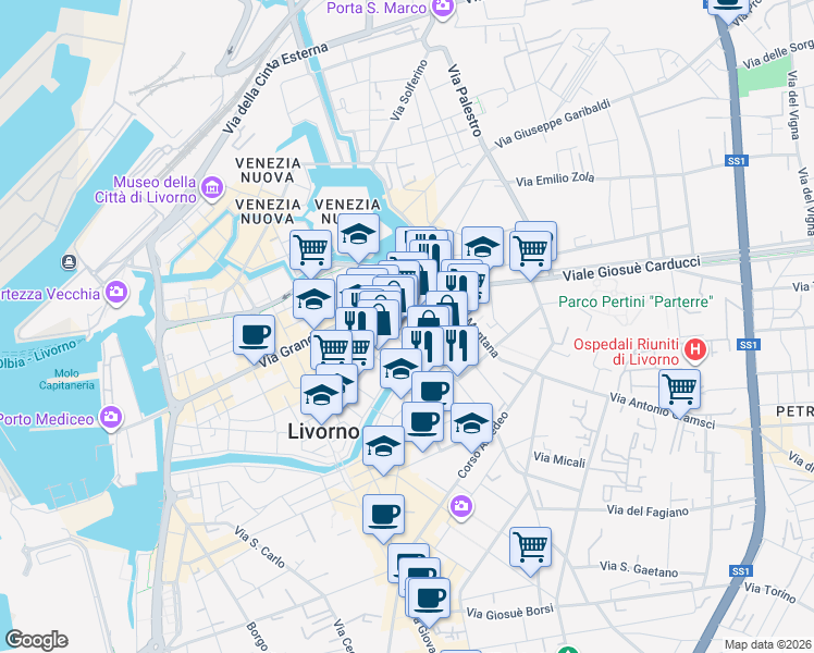 map of restaurants, bars, coffee shops, grocery stores, and more near 31 Via Cosimo del Fante in Livorno