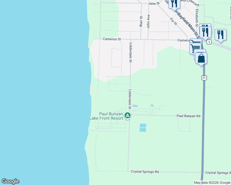 map of restaurants, bars, coffee shops, grocery stores, and more near 14 Thimbleweed Drive in Huron County