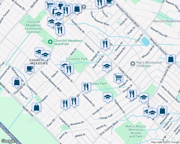 map of restaurants, bars, coffee shops, grocery stores, and more near 5515 Challenger Drive in Mississauga