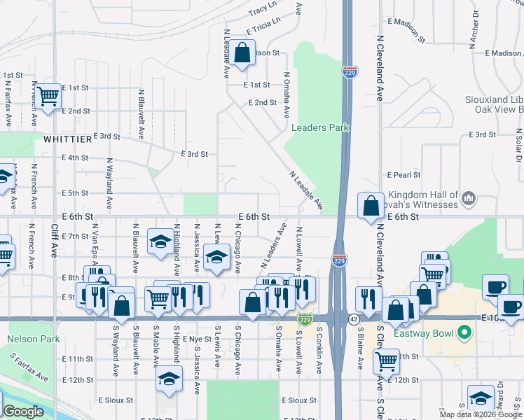 map of restaurants, bars, coffee shops, grocery stores, and more near in Sioux Falls