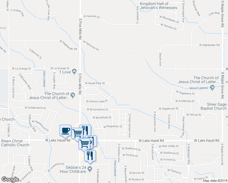 map of restaurants, bars, coffee shops, grocery stores, and more near 5742 South Summit Creek Way in Boise