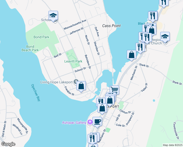 map of restaurants, bars, coffee shops, grocery stores, and more near 50 Belvidere Street in Laconia