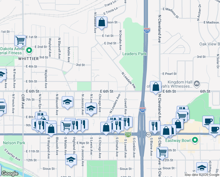 map of restaurants, bars, coffee shops, grocery stores, and more near in Sioux Falls