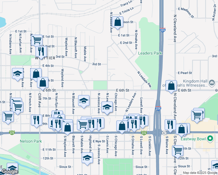 map of restaurants, bars, coffee shops, grocery stores, and more near 2013 East 6th Street in Sioux Falls