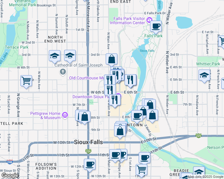 map of restaurants, bars, coffee shops, grocery stores, and more near 330 North Main Avenue in Sioux Falls