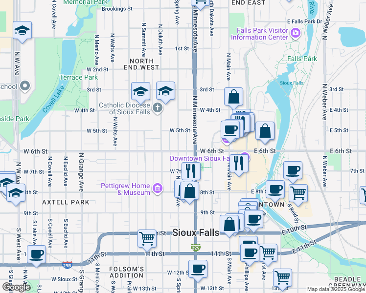 map of restaurants, bars, coffee shops, grocery stores, and more near 331 North Minnesota Avenue in Sioux Falls
