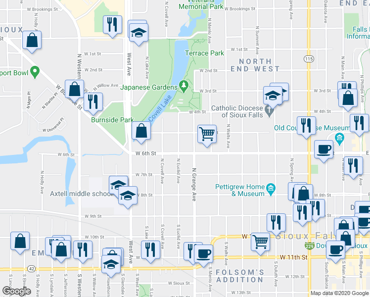 map of restaurants, bars, coffee shops, grocery stores, and more near 332 North Euclid Avenue in Sioux Falls