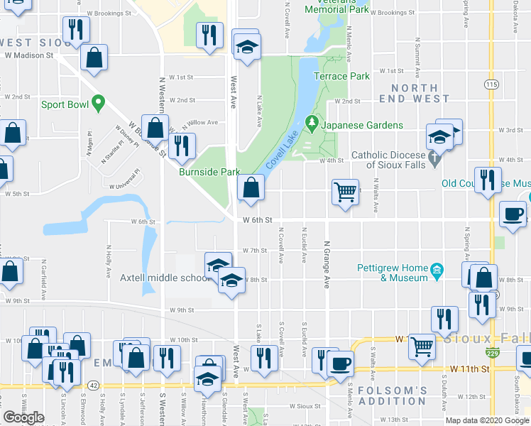 map of restaurants, bars, coffee shops, grocery stores, and more near 1319 West 6th Street in Sioux Falls