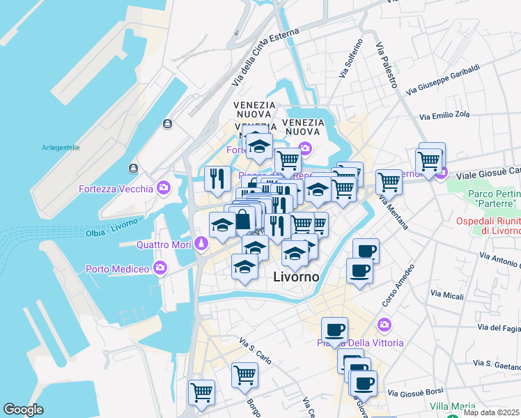 map of restaurants, bars, coffee shops, grocery stores, and more near 26 Via Claudio Cogorano in Livorno