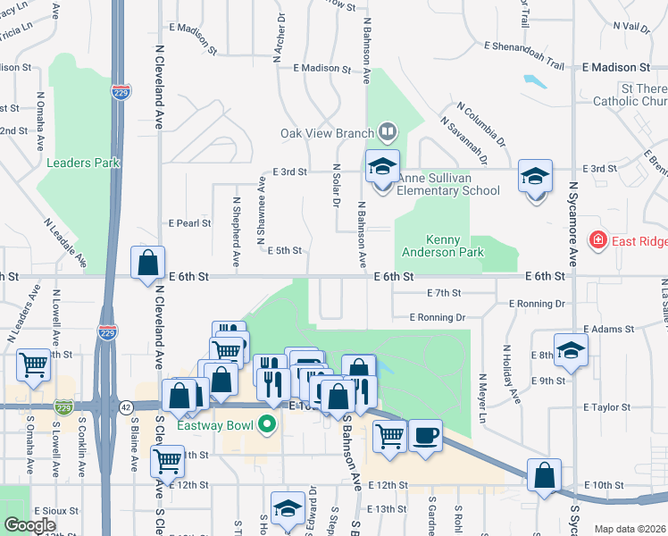 map of restaurants, bars, coffee shops, grocery stores, and more near 3600 East 6th Street in Sioux Falls
