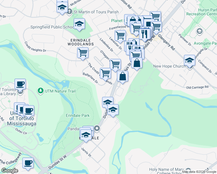 map of restaurants, bars, coffee shops, grocery stores, and more near 1381 Dundas Crescent in Mississauga