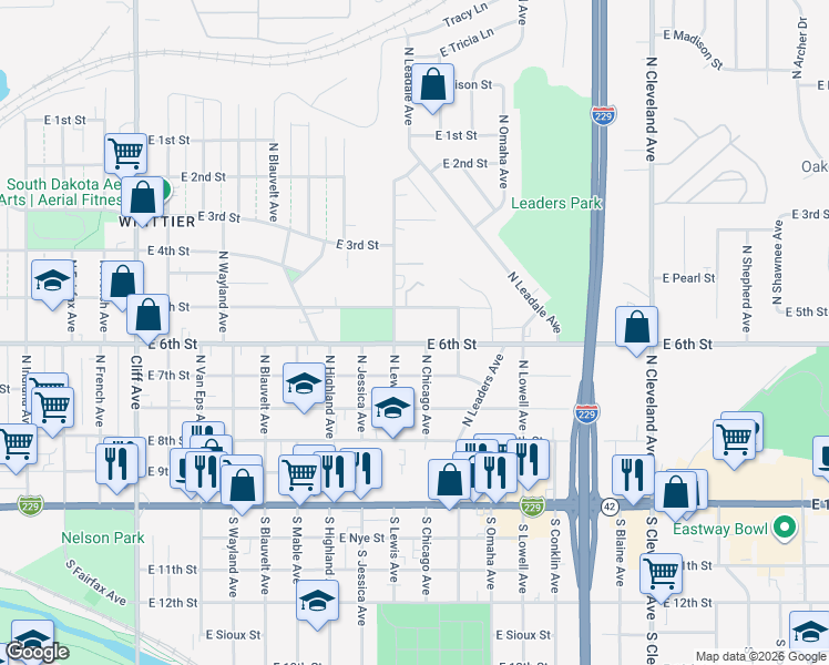 map of restaurants, bars, coffee shops, grocery stores, and more near 2013 East 6th Street in Sioux Falls