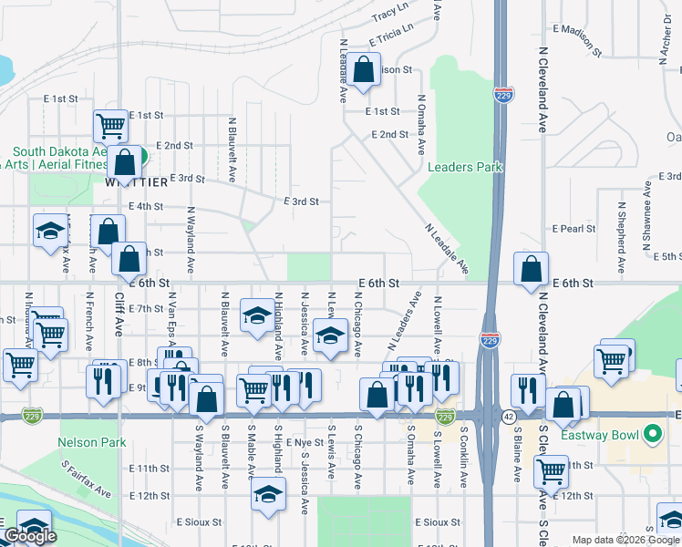 map of restaurants, bars, coffee shops, grocery stores, and more near 2013 East 6th Street in Sioux Falls
