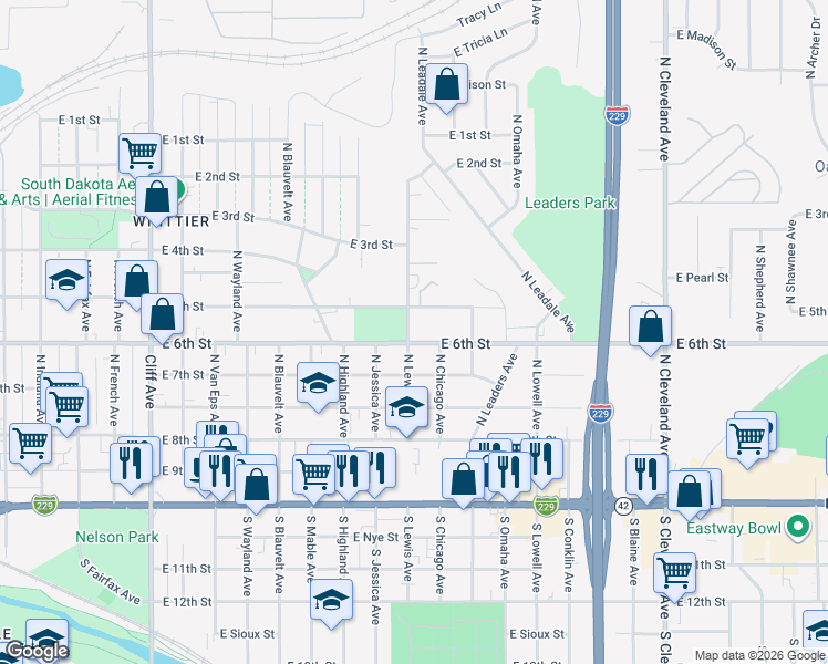 map of restaurants, bars, coffee shops, grocery stores, and more near 2013 East 6th Street in Sioux Falls