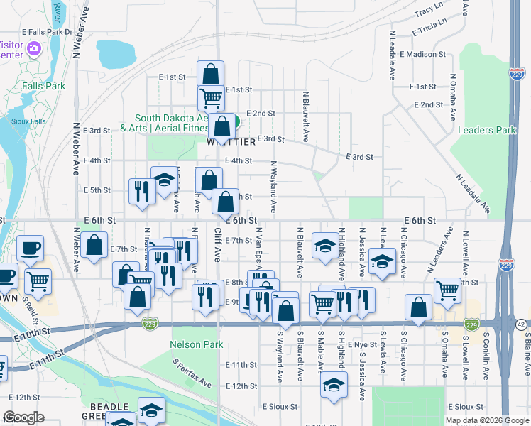 map of restaurants, bars, coffee shops, grocery stores, and more near 1413-1499 East 6th Street in Sioux Falls