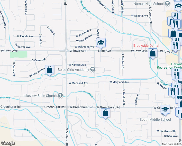 map of restaurants, bars, coffee shops, grocery stores, and more near 1723 South Horton Street in Nampa