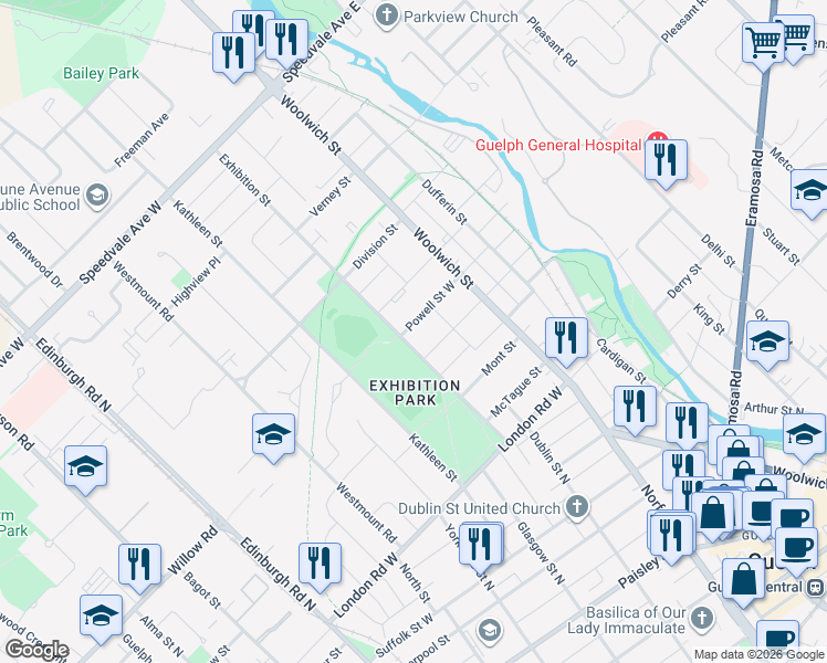 map of restaurants, bars, coffee shops, grocery stores, and more near 62 Powell Street West in Guelph