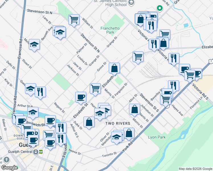 map of restaurants, bars, coffee shops, grocery stores, and more near in Guelph