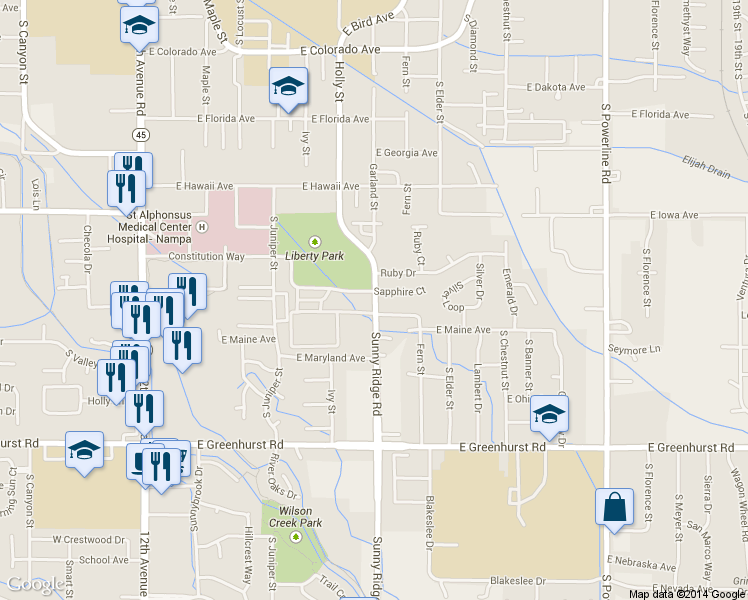 map of restaurants, bars, coffee shops, grocery stores, and more near 1817 SunnyRidge Road in Nampa