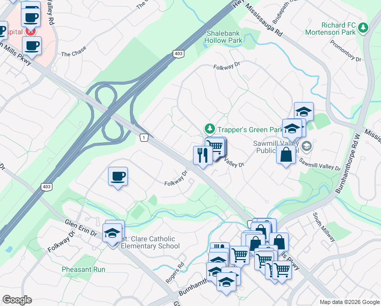 map of restaurants, bars, coffee shops, grocery stores, and more near in Mississauga